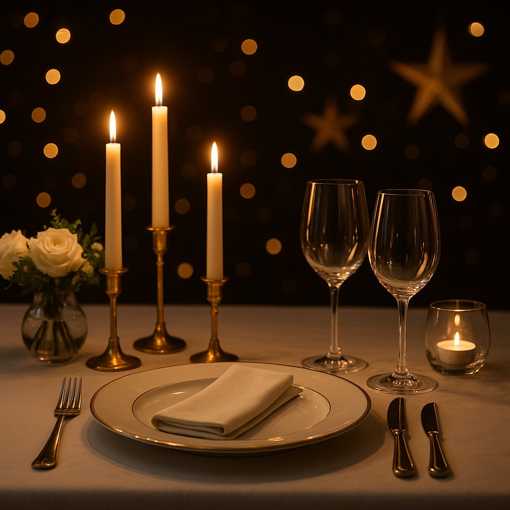 Festlich gedeckter Fine-Dining-Tisch mit Kerzen und Kristallgläsern