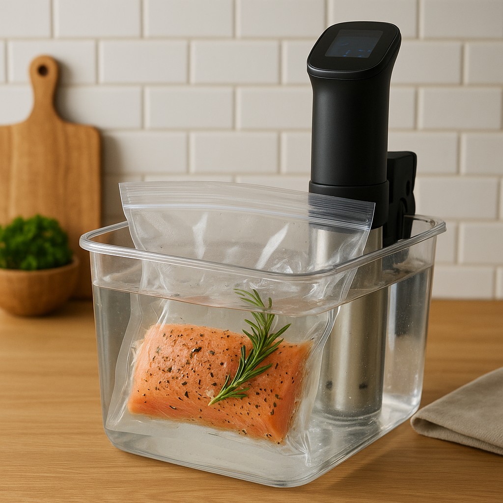 Sous-vide-Garen mit Vakuumbeutel im Wasserbad