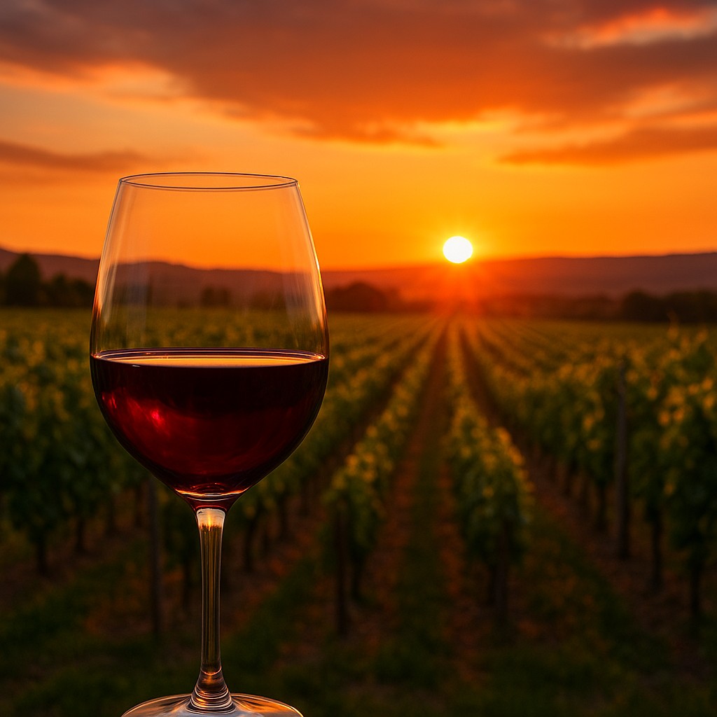 Rotweinglas vor einem Weinberg im Sonnenuntergang